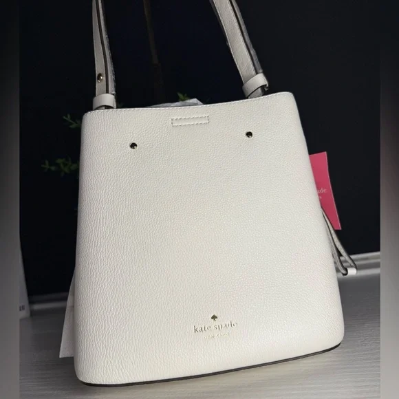 Kate Spade Small Bucket Bag White Dove Pebbled Leather Turn Lock NWT - Picture 5 of 7